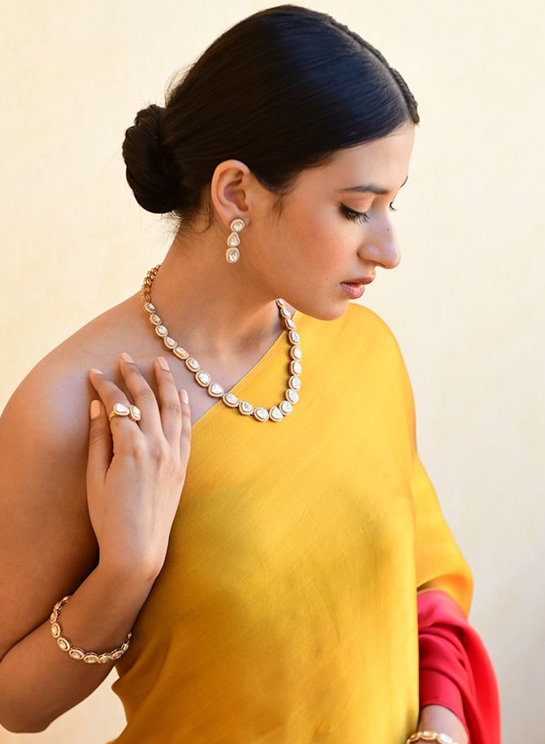 925 Silver Ranisar Polki Necklace Set - Amrrutam