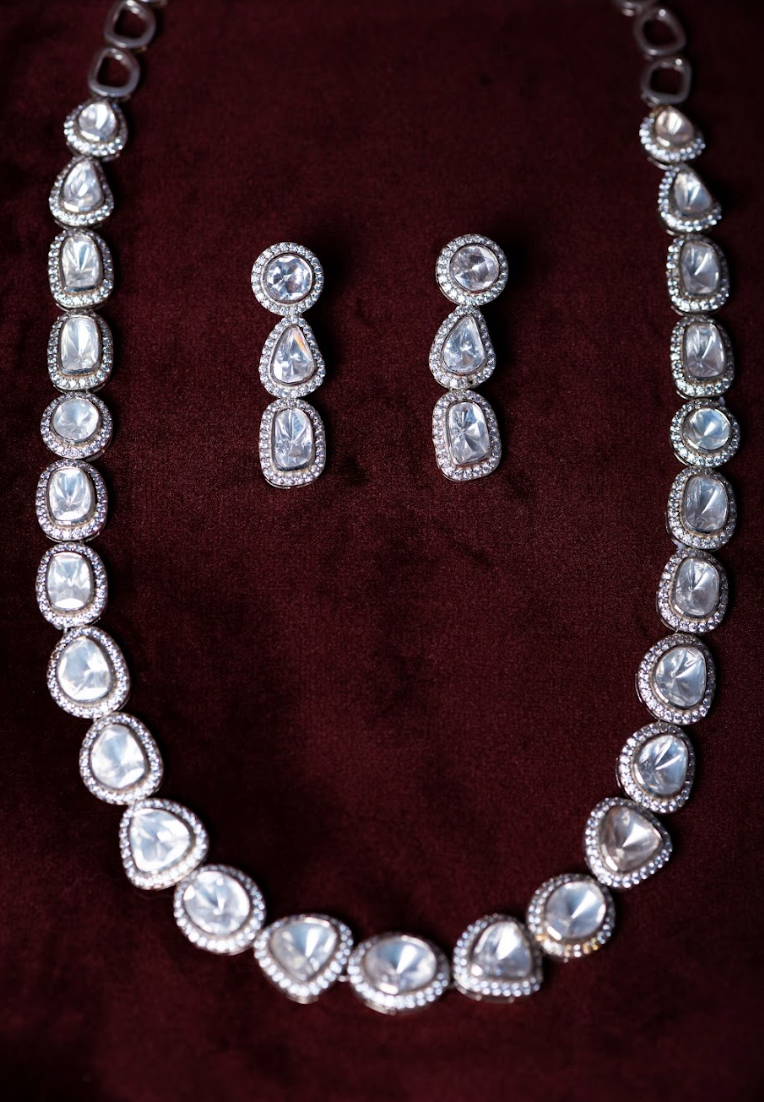 925 Silver Ranisar Polki Necklace Set - Amrrutam