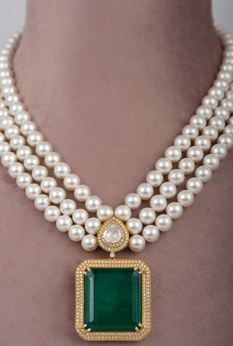 925 Silver Pearl Emerald Long Necklace - Amrrutam