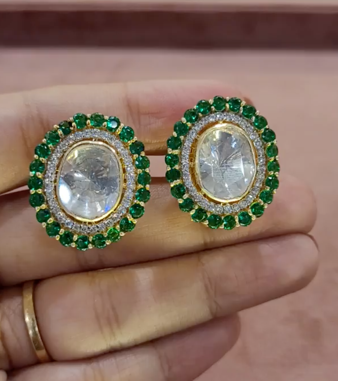 925 Silver Emerald Polki Stud Earrings - Amrrutam