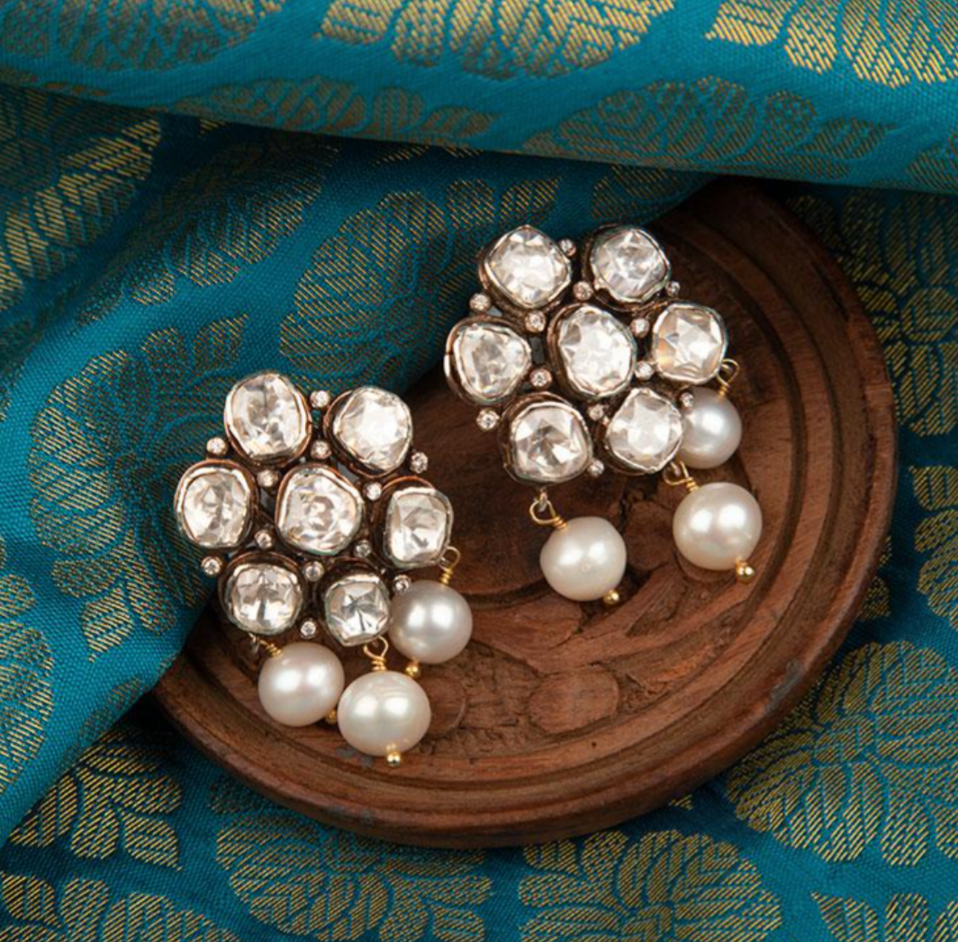 925 Silver Surya Chandra Polki Necklace Set - Amrrutam