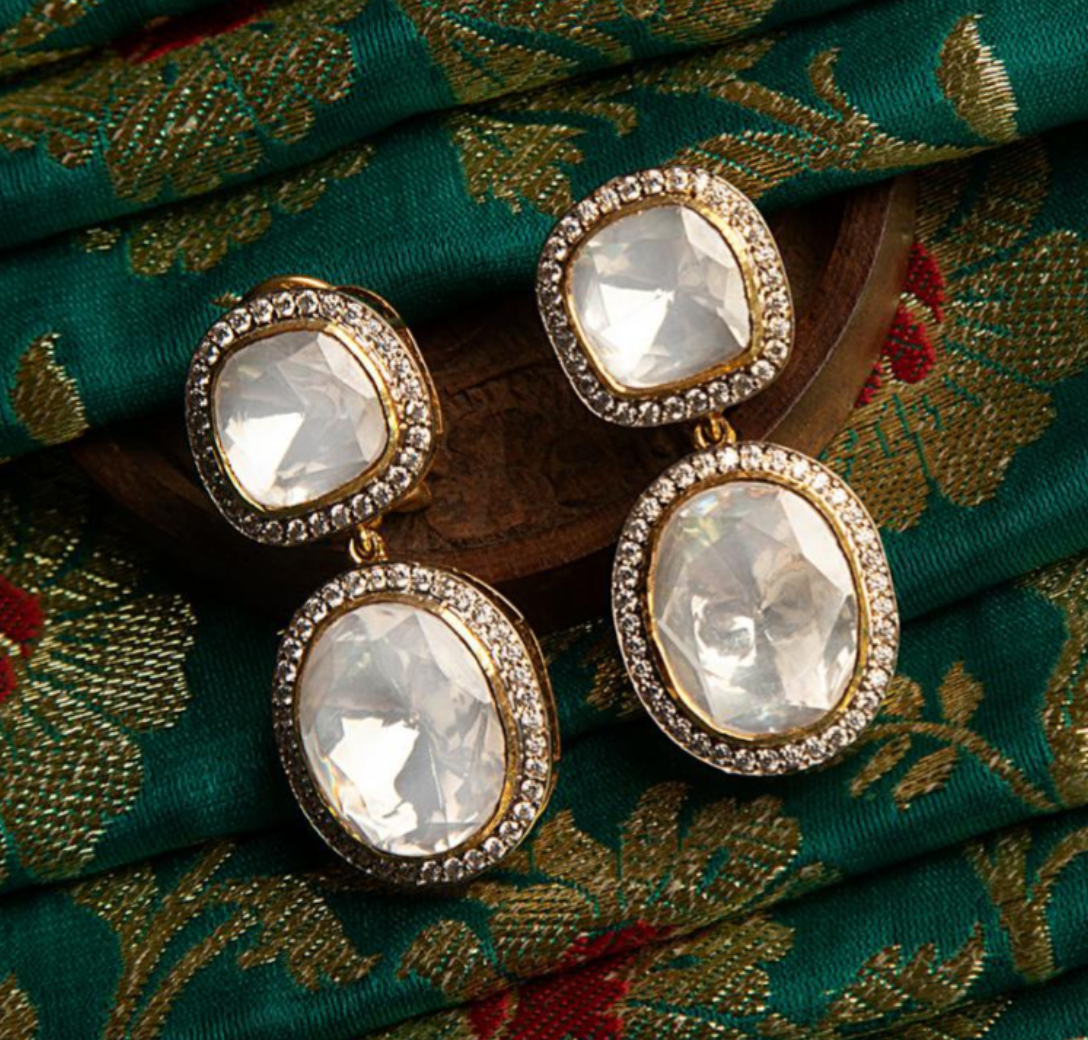 925 Silver Surya Chandra Double Polki Drop Earrings - Amrrutam