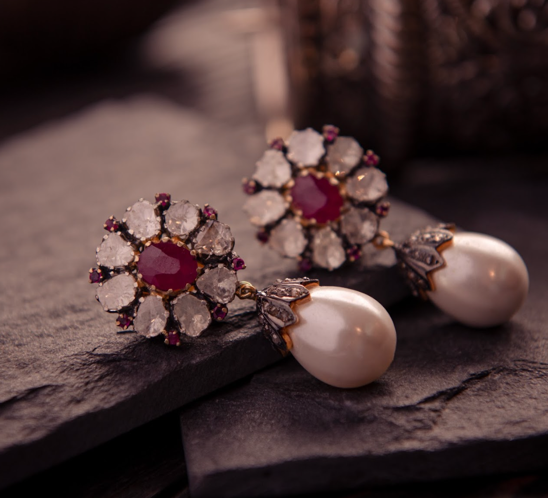 925 Silver Signature Ruby Flower Earrings - Amrrutam