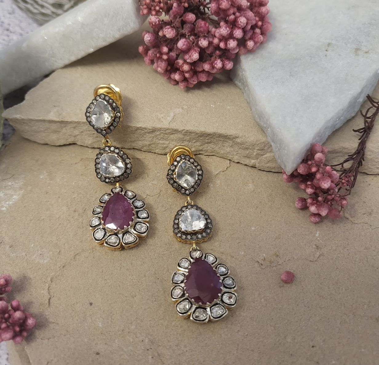 925 Silver Clara Ruby And Uncut Diamond Drop Earrings - Amrrutam