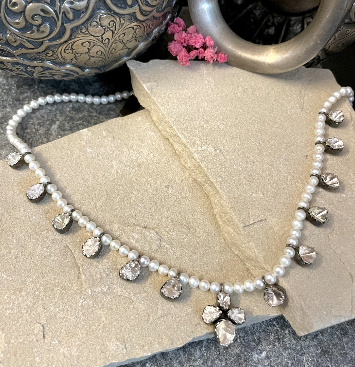 925 Silver Dew Drop Uncut Diamond Pearl String - Amrrutam
