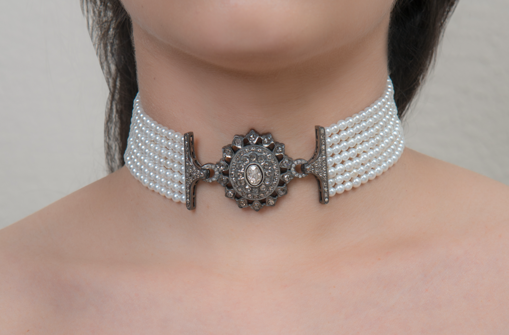 925 Silver Victorian Uncut Diamond and Pearl Choker - Amrrutam