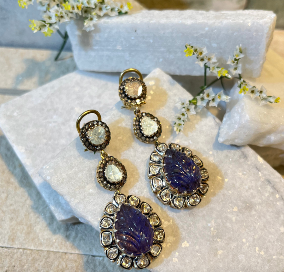 925 Silver Clara Tanzanite And Uncut Diamond Drop Earrings - Amrrutam