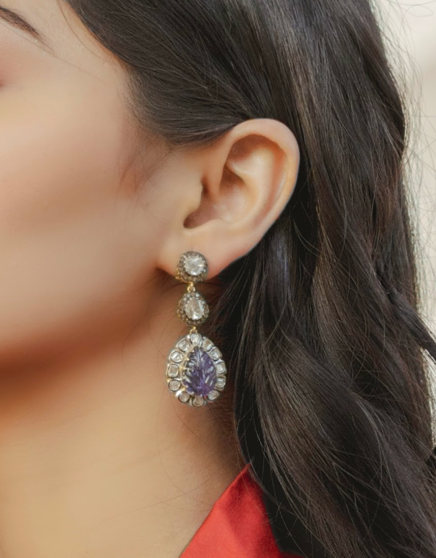 925 Silver Clara Tanzanite And Uncut Diamond Drop Earrings - Amrrutam