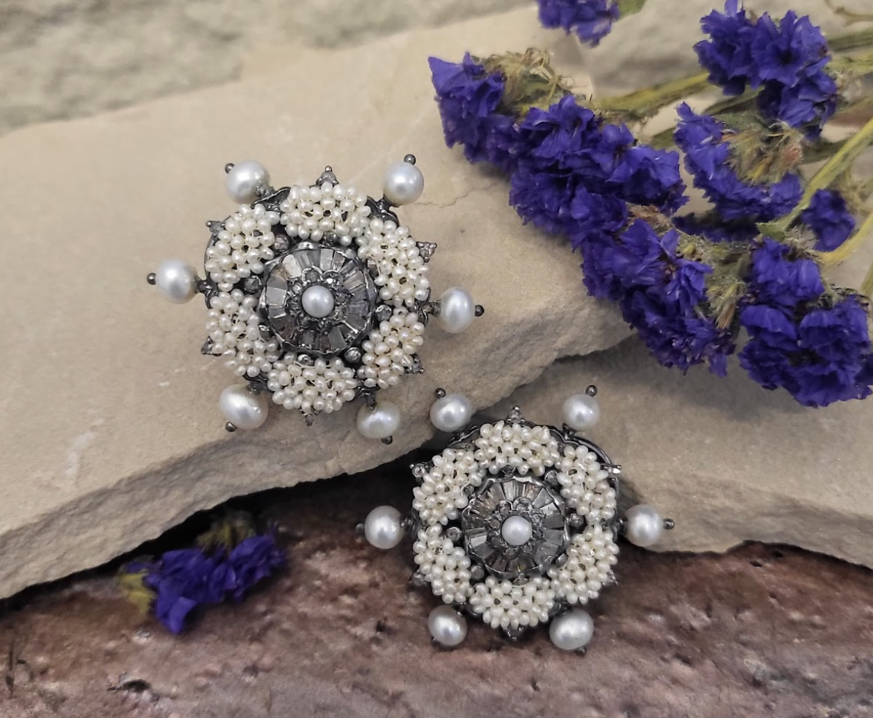 925 Silver Woven Star Rose Cuts Diamond Pearl Earrings - Amrrutam