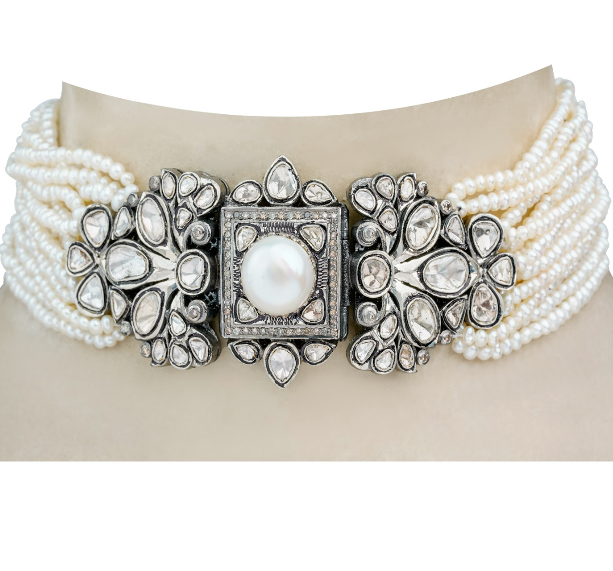 925 Silver Pearl And Petal Uncut Diamond Choker Necklace - Amrrutam