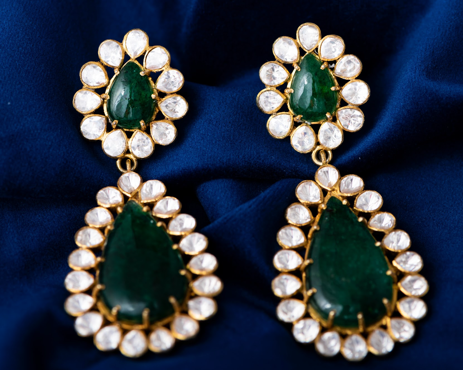 925 Silver Green Mohira Polki Necklace Set - Amrrutam