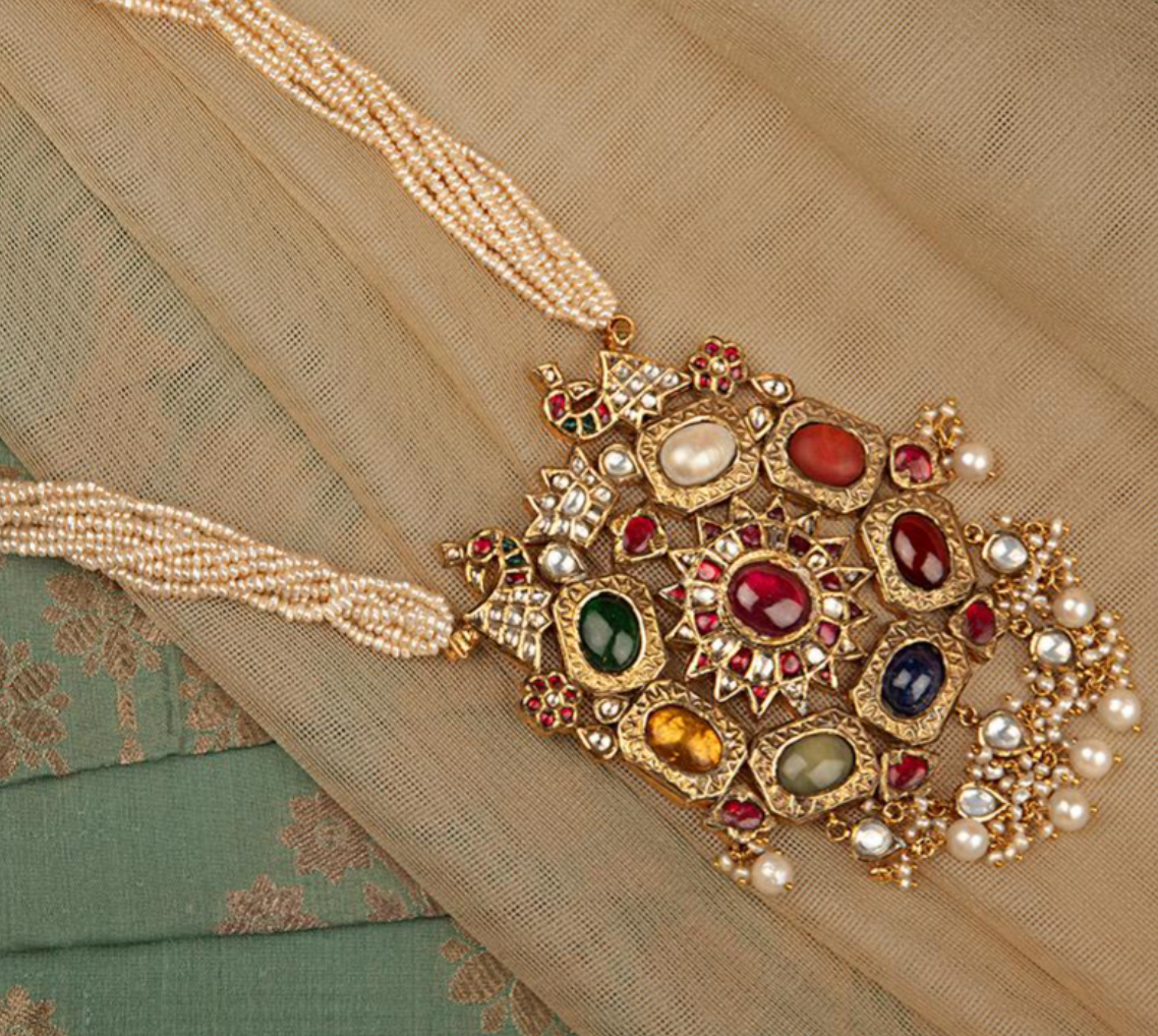 925 Silver Navratan Pendant Surya Chandra Necklace - Amrrutam
