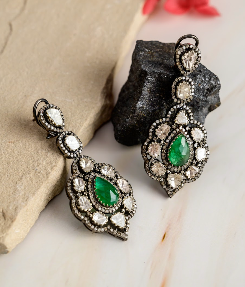 925 Silver Victorian Clara Emerald Uncut Diamond Drop Earrings - Amrrutam