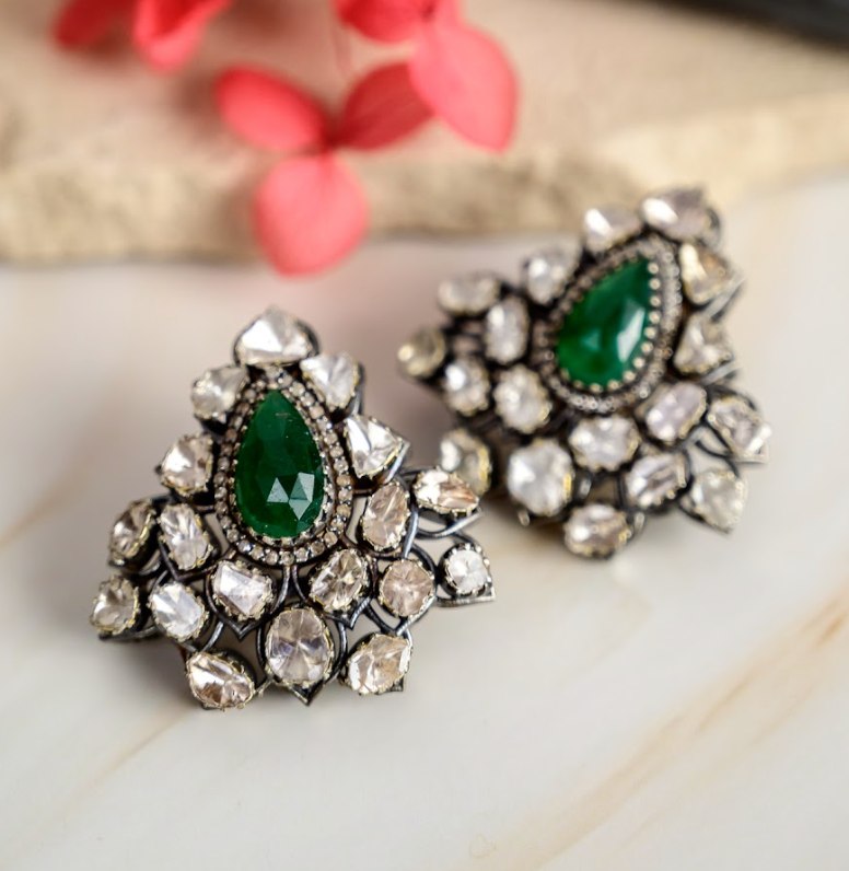 925 Silver Art Deco Uncut Diamond and Zambian Emerald Earrings - Amrrutam