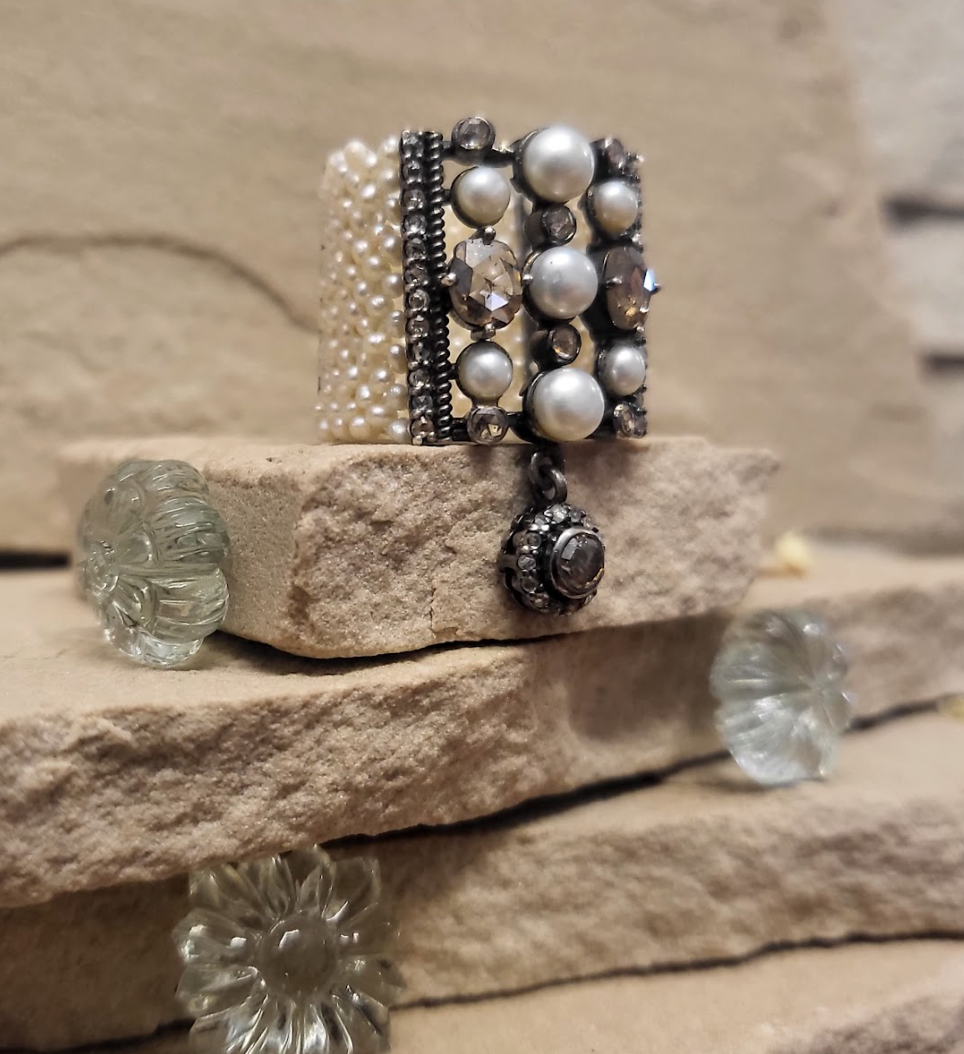 925 Silver Woven Pearl Rose Cut Diamond Ring - Amrrutam