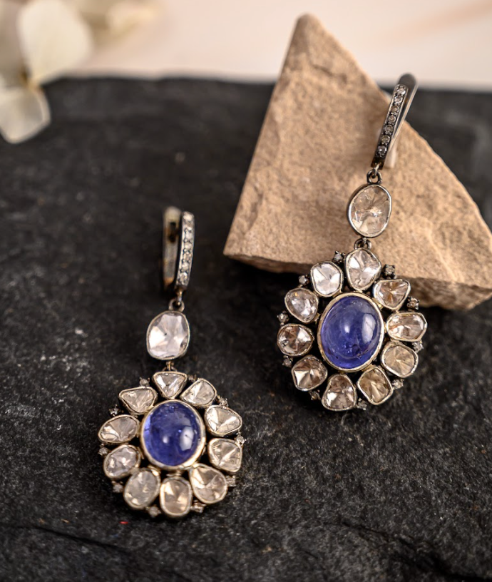 925 Silver Paloma Tanzanite and Uncut Diamond Flower Earrings - Amrrutam