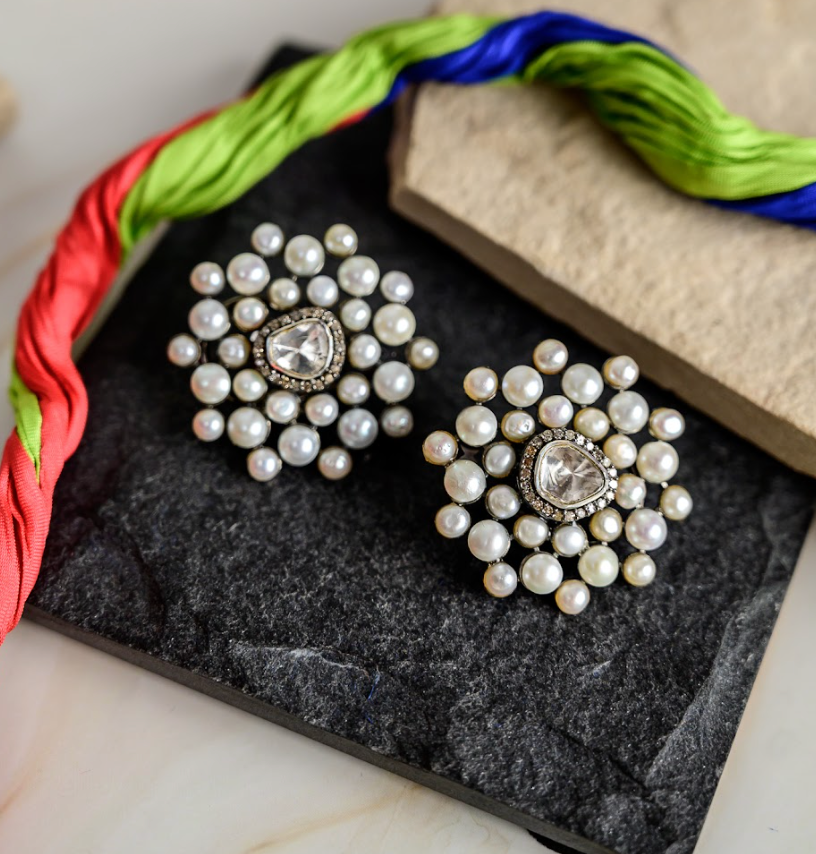 925 Silver Pearl Flower Web Uncut Diamond Earrings - Amrrutam