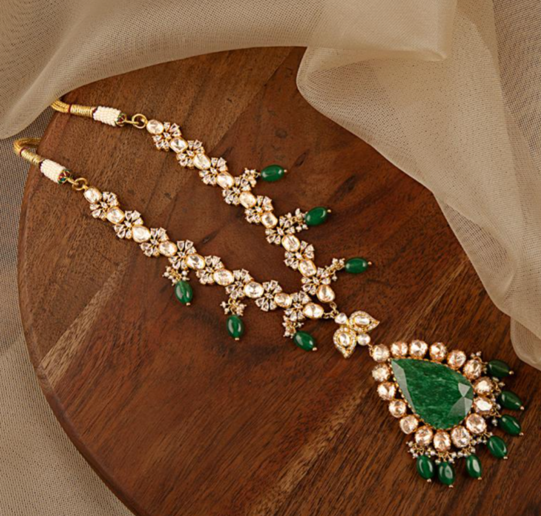 925 Silver Emerald Long Surya Chandra Necklace - Amrrutam