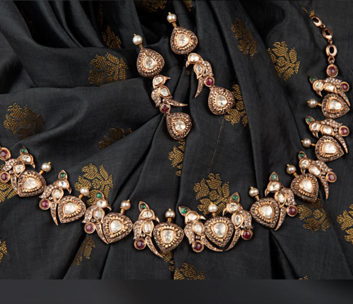925 Silver Antique Peacock Surya Chandra Necklace Set - Amrrutam