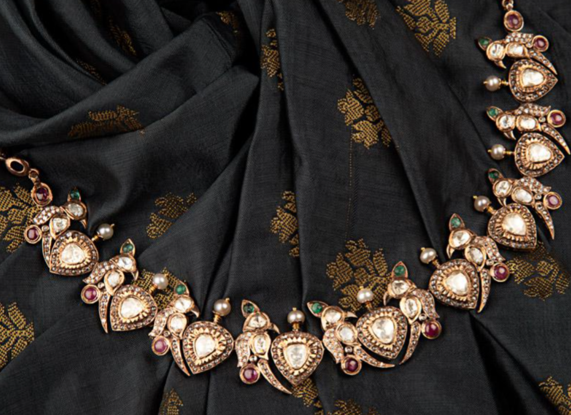 925 Silver Antique Peacock Surya Chandra Necklace Set - Amrrutam