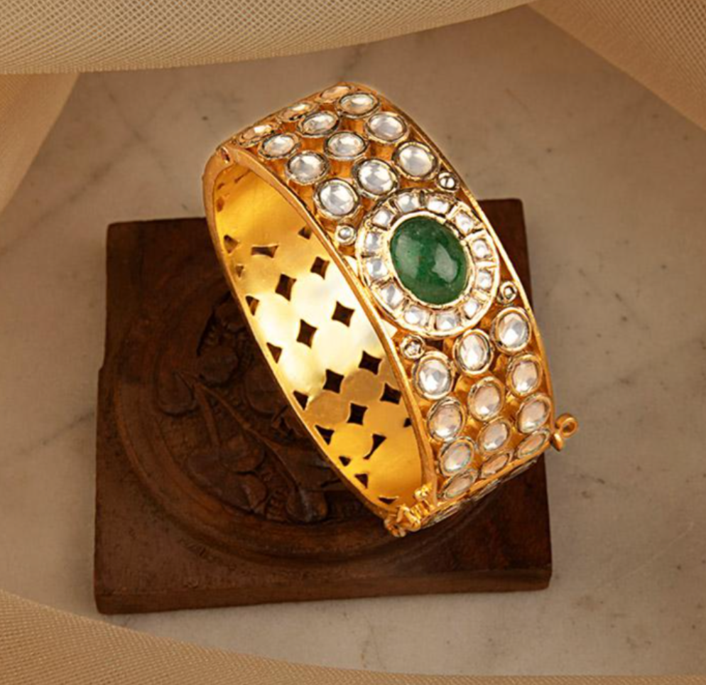 925 Silver Bagiya Emerald Surya Chandra Gold Bangle - Amrrutam
