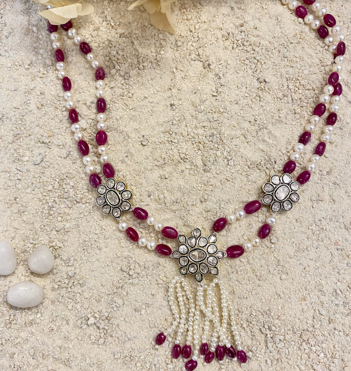 925 Silver Ruby Wildflower Uncut Diamond Necklace - Amrrutam