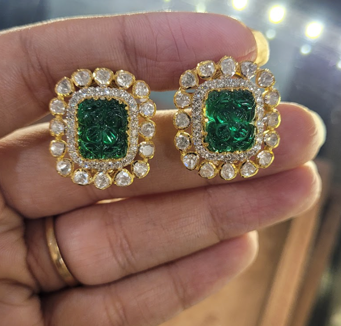 925 Silver Maspara Polki Emerald Stud Earrings - Amrrutam