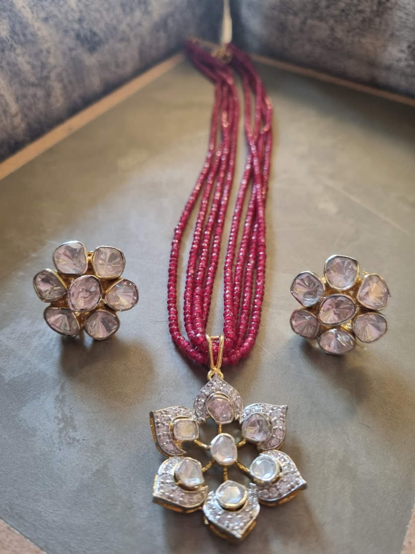 925 Silver Donna Ruby Floral Necklace Set - Amrrutam