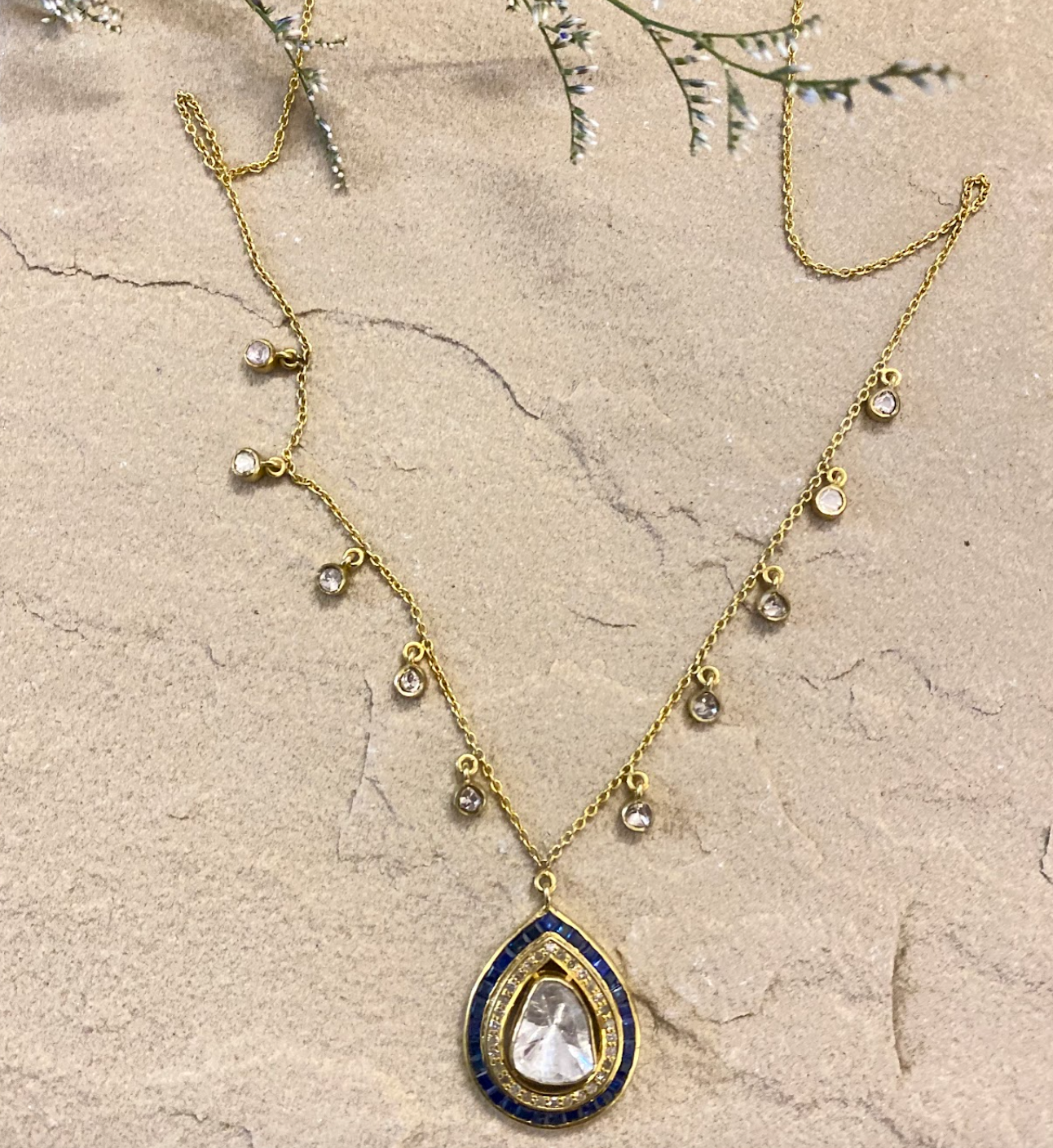 925 Silver Baguette Sapphire Uncut Diamond Drop Pendant Necklace - Amrrutam