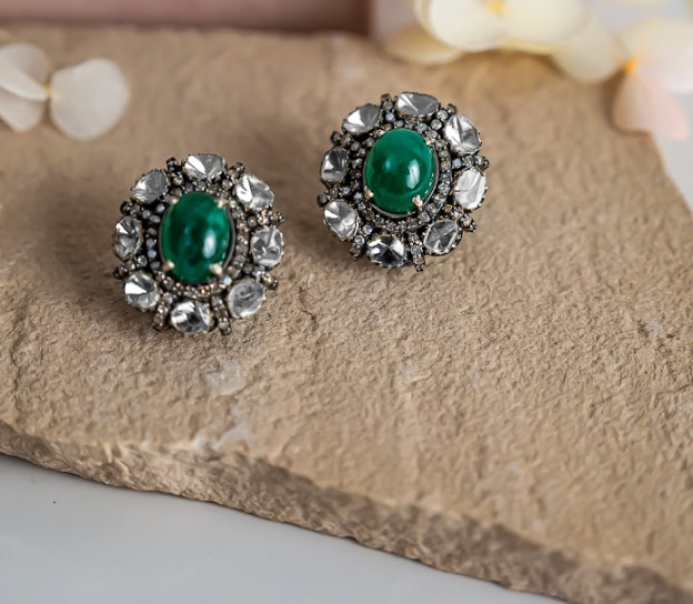 925 Silver Empress Zambian Emerald And Uncut Diamond Choker Necklace Set - Amrrutam