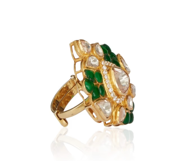 925 Silver Lavanya Green Polki Ring - Amrrutam