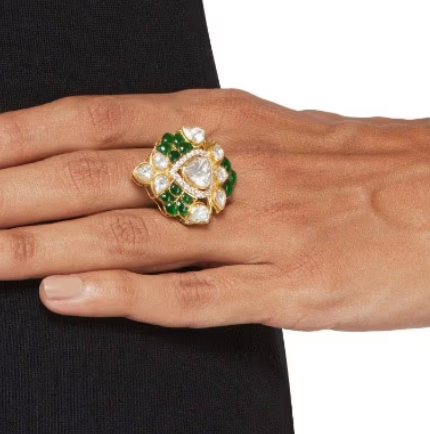 925 Silver Lavanya Green Polki Ring - Amrrutam