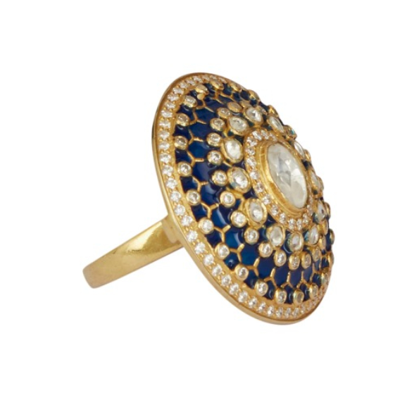 925 Silver Lavanya Blue Polki Ring - Amrrutam