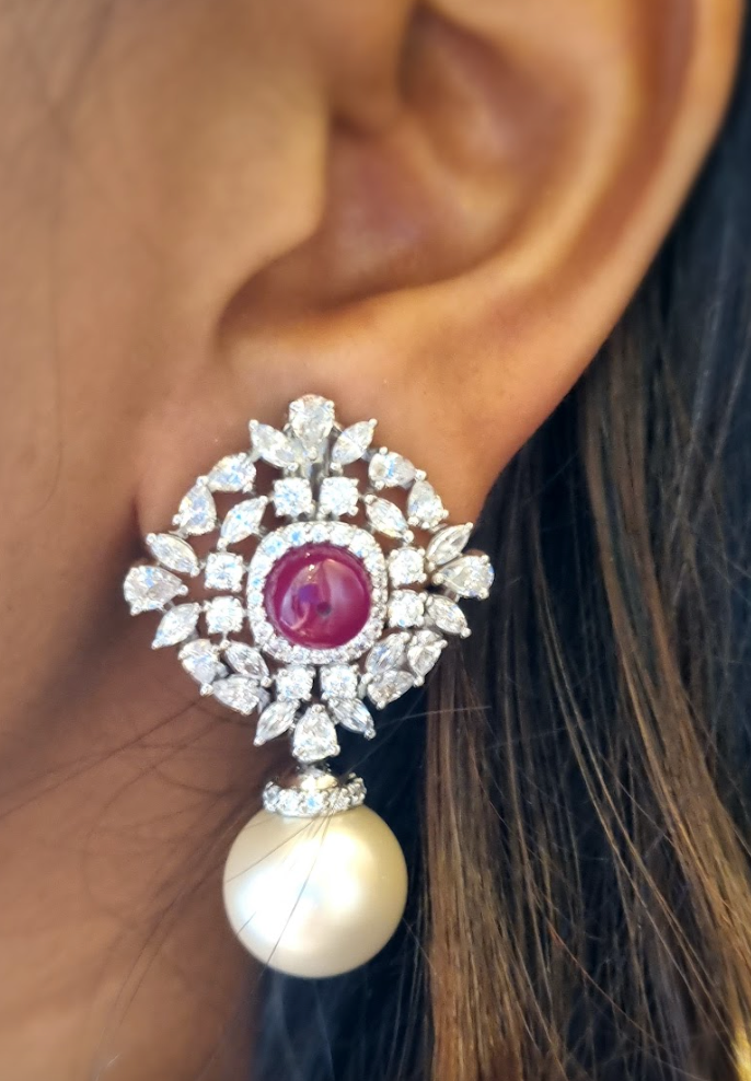 925 Silver Ruby CZ Pearl Drop Earring - Amrrutam