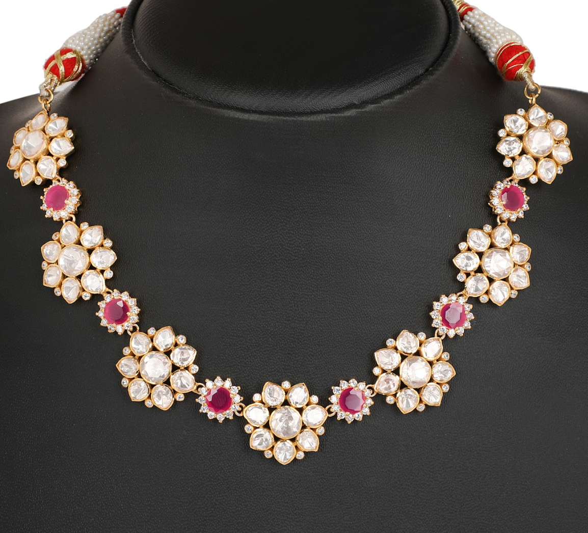 925 Silver Pink Moissanite Polki Necklace set - Amrrutam