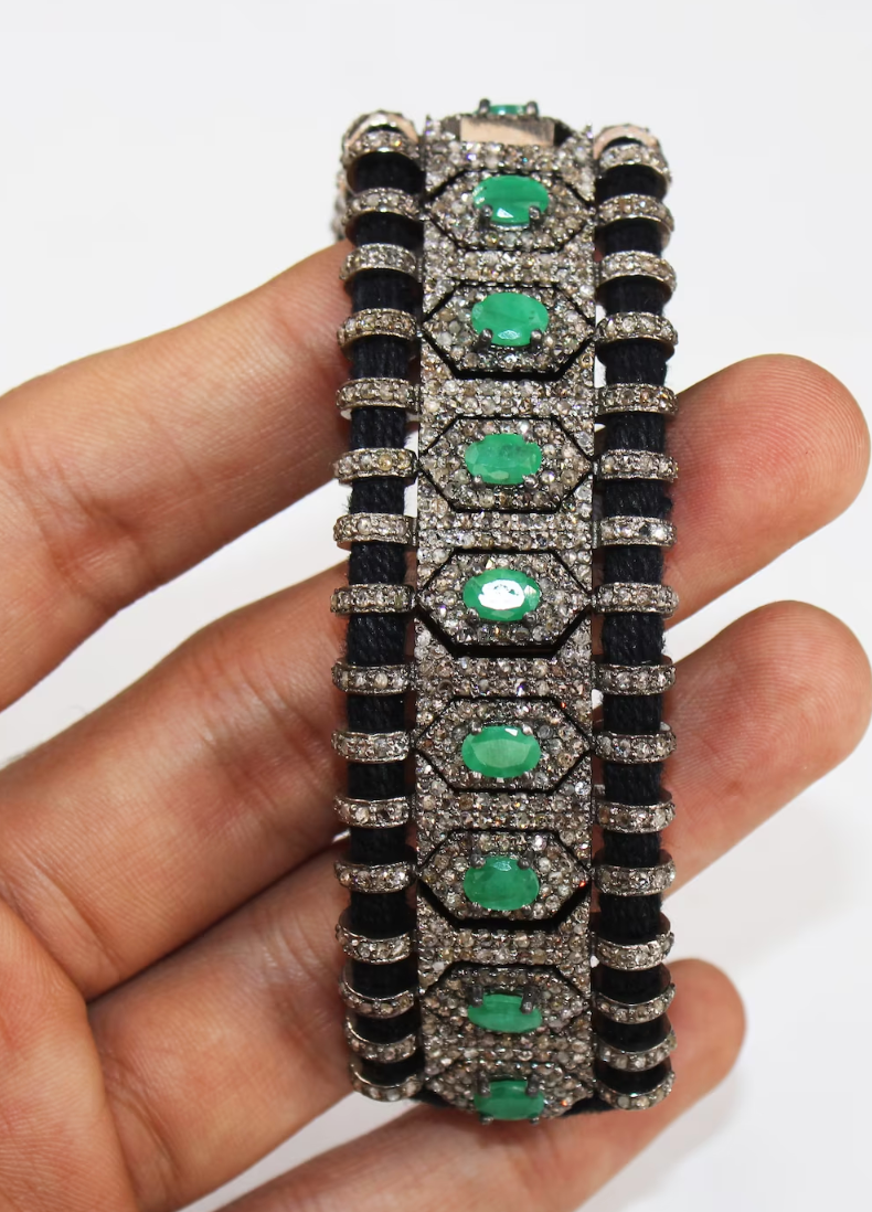 925 Silver Emerald Pave Diamond Thread Bracelet - Amrrutam