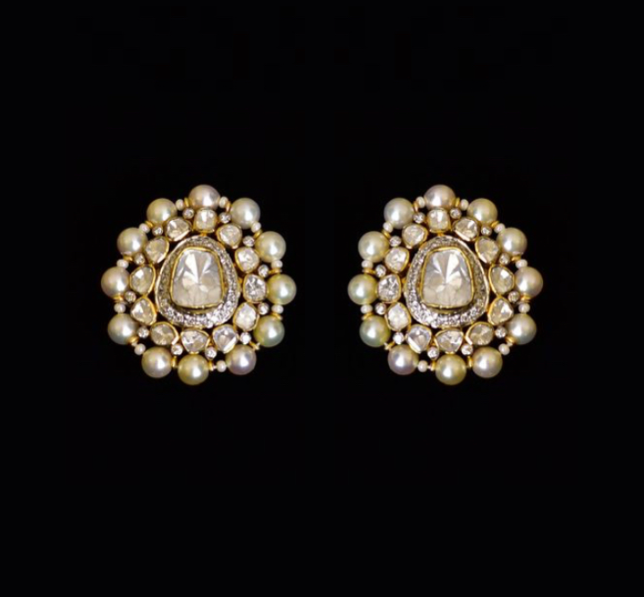 925 Silver Jehnaz Polki Pearl Stud Earrings - Amrrutam