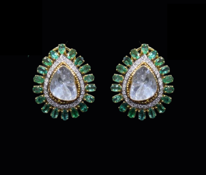 925 Silver Jehnaz Polki Emerald Stud Earrings - Amrrutam