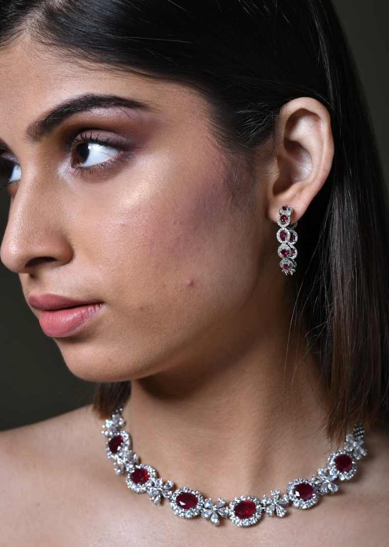 925 Silver Ruby Cocktail Necklace Set - Amrrutam