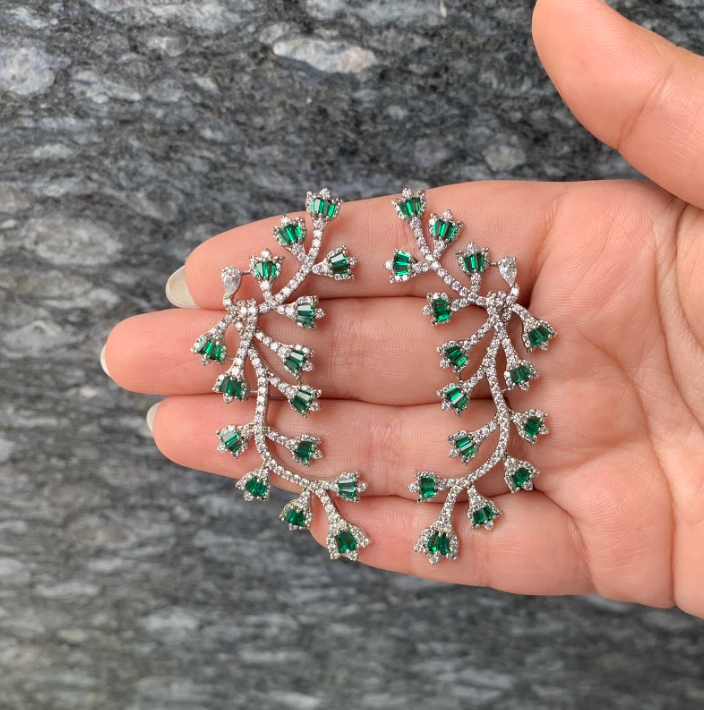 925 Silver Floral Green Swarovski Earrings - Amrrutam