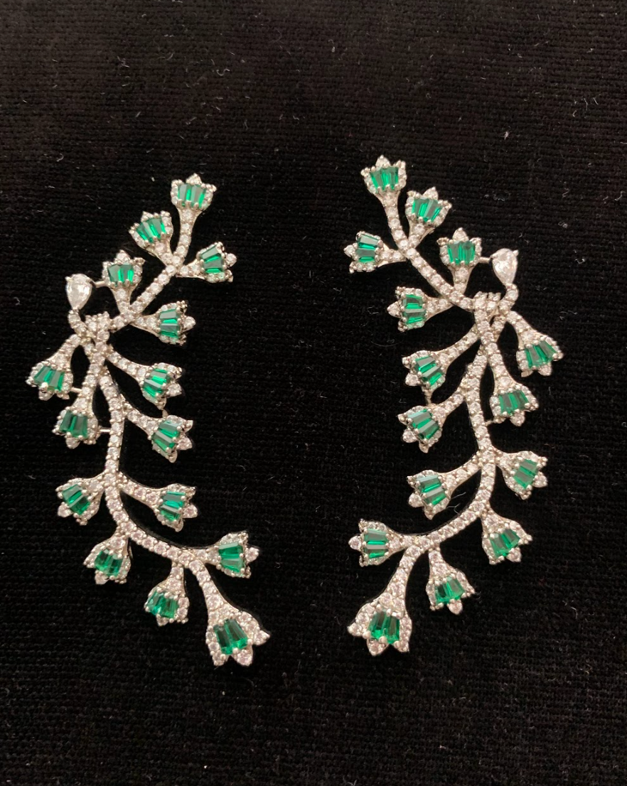 925 Silver Floral Green Swarovski Earrings - Amrrutam