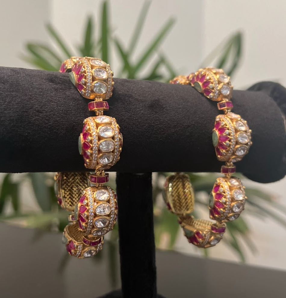 925 Silver Rajwariya Polki Bangle Set - Amrrutam