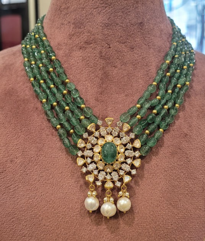 925 Silver Beillur Green Beaded Long Necklace - Amrrutam