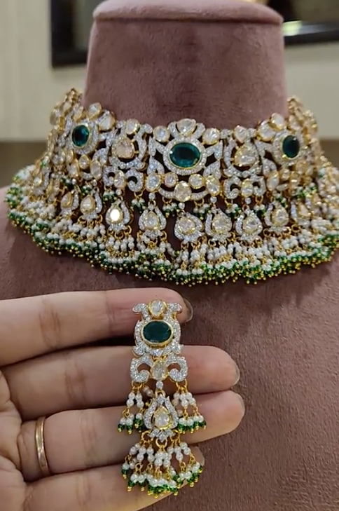 925 Silver Patrika CZ Bridal Polki Choker Set - Amrrutam