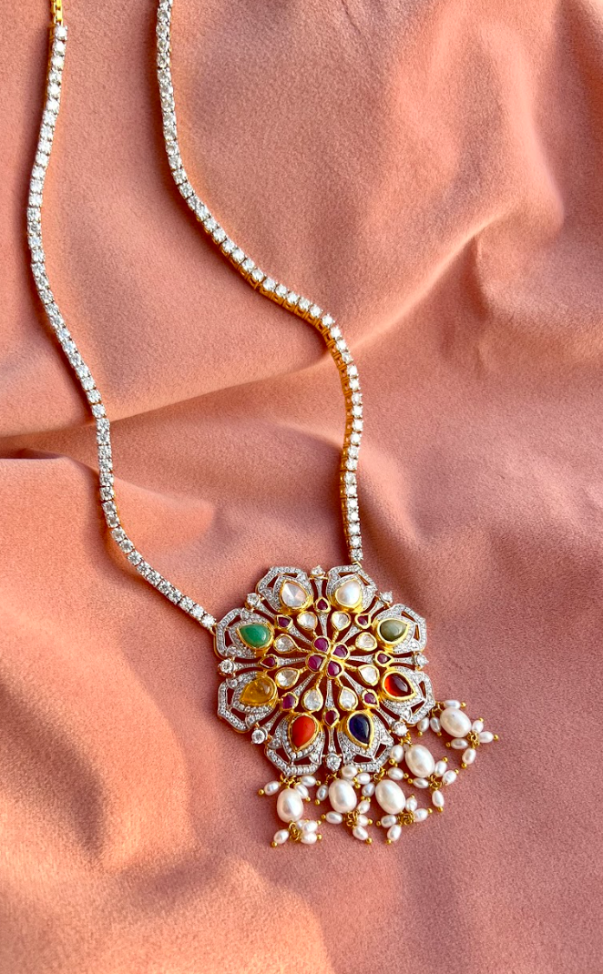 925 Silver Nellora Navratan Pendant Necklace - Amrrutam Jewellery