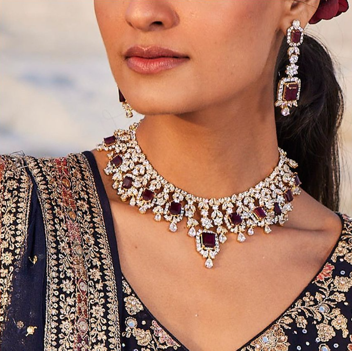 925 Silver Aina Ruby Necklace Set - Amrrutam Jewellery