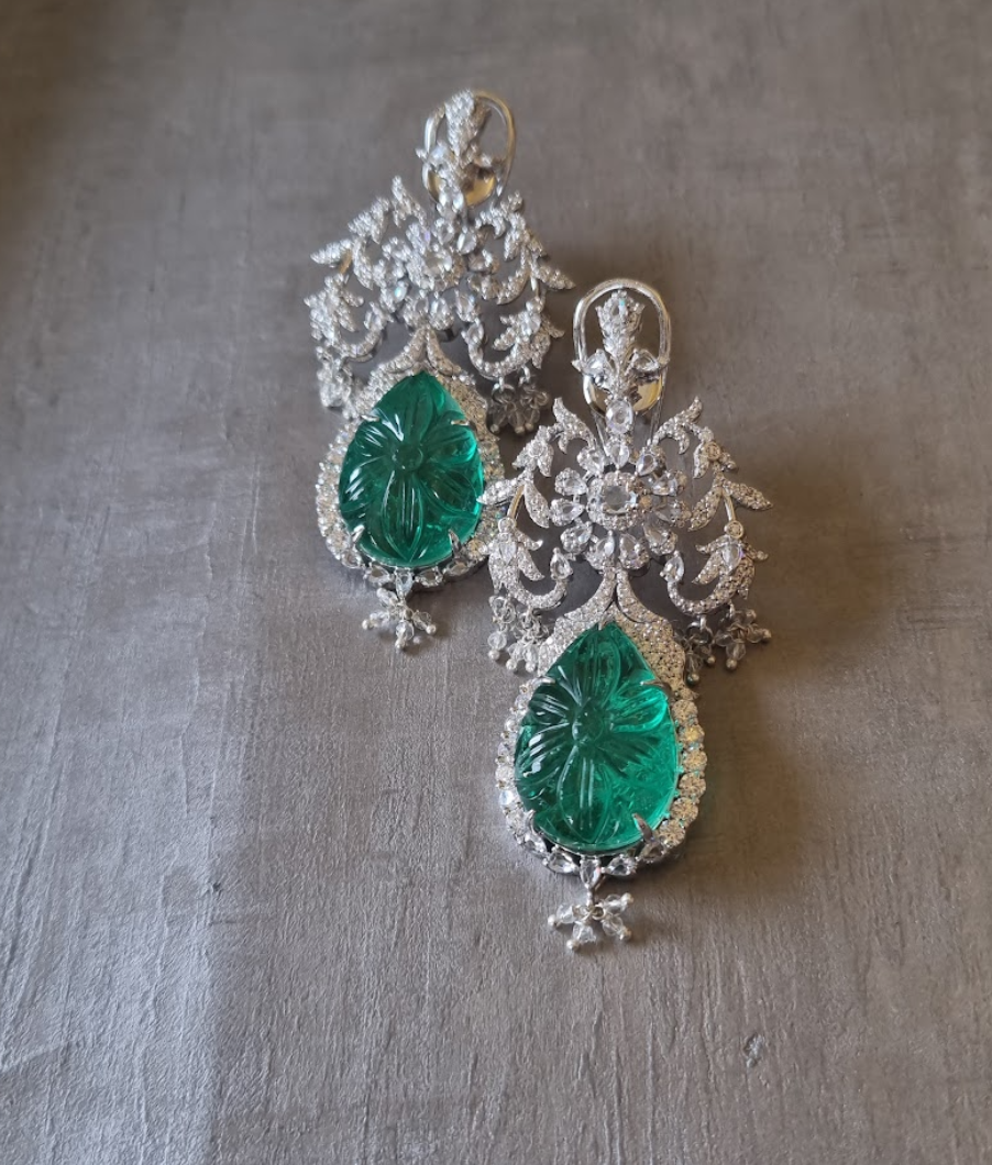 925 Silver Carved Emerald Rosecut Earring - Amrrutam Jewellery