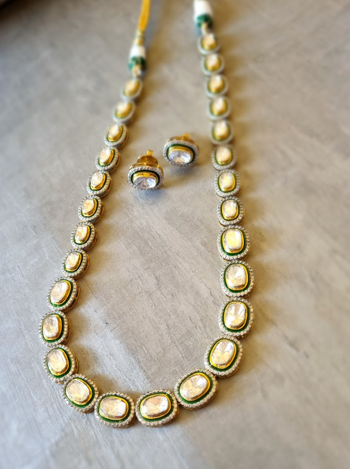 925 Silver Polki Meena Mala Necklace Set - Amrrutam Jewellery
