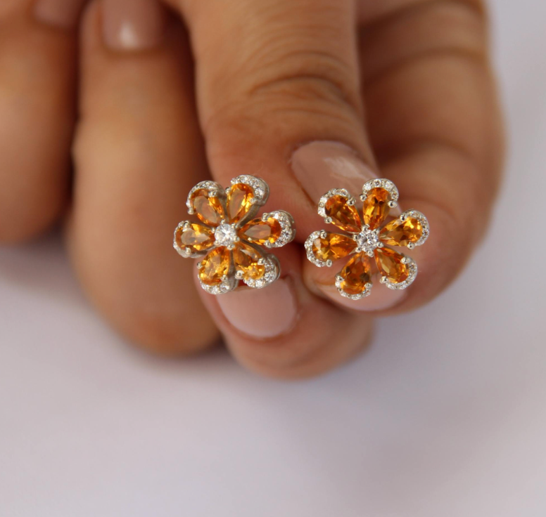 925 Silver Natural Citrine Stud Earrings - Amrrutam Jewellery