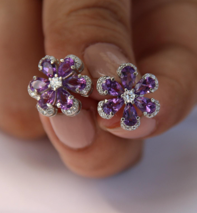 925 Silver Natural Amethyst Floral Stud Earrings - Amrrutam Jewellery